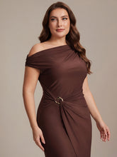 Load image into Gallery viewer, Color=Chocolate Brown | One Stop Shop Short Sleeves Off Shoulder Bodycon High Stretch Midi Wedding Guest Dresses-Chocolate Brown 18