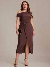 Load image into Gallery viewer, Color=Chocolate Brown | One Stop Shop Short Sleeves Off Shoulder Bodycon High Stretch Midi Wedding Guest Dresses-Chocolate Brown 16