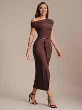 Load image into Gallery viewer, Color=Chocolate Brown | One Stop Shop Short Sleeves Off Shoulder Bodycon High Stretch Midi Wedding Guest Dresses-Chocolate Brown 14