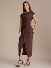 Load image into Gallery viewer, Color=Chocolate Brown | One Stop Shop Short Sleeves Off Shoulder Bodycon High Stretch Midi Wedding Guest Dresses-Chocolate Brown 15