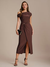 Load image into Gallery viewer, Color=Chocolate Brown | One Stop Shop Short Sleeves Off Shoulder Bodycon High Stretch Midi Wedding Guest Dresses-Chocolate Brown 11