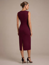 Load image into Gallery viewer, Color=Burgundy | Asymmetric Neckline Crepe Midi Wedding Guest Dresses-Burgundy 2