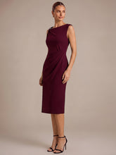 Load image into Gallery viewer, Color=Burgundy | Asymmetric Neckline Crepe Midi Wedding Guest Dresses-Burgundy 4