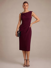 Load image into Gallery viewer, Color=Burgundy | Asymmetric Neckline Crepe Midi Wedding Guest Dresses-Burgundy 5