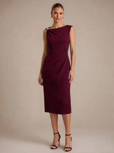 Load image into Gallery viewer, Color=Burgundy | Asymmetric Neckline Crepe Midi Wedding Guest Dresses-Burgundy 1