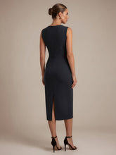 Load image into Gallery viewer, Color=Black | Asymmetric Neckline Crepe Midi Wedding Guest Dresses-Black 7