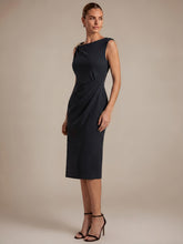 Load image into Gallery viewer, Color=Black | Asymmetric Neckline Crepe Midi Wedding Guest Dresses-Black 9