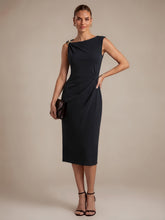 Load image into Gallery viewer, Color=Black | Asymmetric Neckline Crepe Midi Wedding Guest Dresses-Black 10
