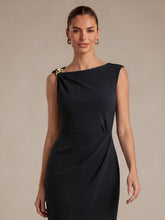 Load image into Gallery viewer, Color=Black | Asymmetric Neckline Crepe Midi Wedding Guest Dresses-Black 8