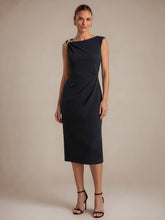 Load image into Gallery viewer, Color=Black | Asymmetric Neckline Crepe Midi Wedding Guest Dresses-Black 6