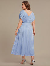 Load image into Gallery viewer, Color=Dusty Blue | Volume Discounts Short Sleeve V-Neck A-Line Tea Length Rhinestone Wedding Guest Dresses-Dusty Blue 7