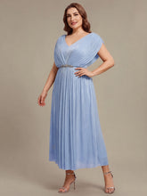 Load image into Gallery viewer, Color=Dusty Blue | Volume Discounts Short Sleeve V-Neck A-Line Tea Length Rhinestone Wedding Guest Dresses-Dusty Blue 9