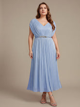 Load image into Gallery viewer, Color=Dusty Blue | Volume Discounts Short Sleeve V-Neck A-Line Tea Length Rhinestone Wedding Guest Dresses-Dusty Blue 10