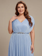 Load image into Gallery viewer, Color=Dusty Blue | Volume Discounts Short Sleeve V-Neck A-Line Tea Length Rhinestone Wedding Guest Dresses-Dusty Blue 8