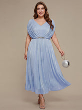 Load image into Gallery viewer, Color=Dusty Blue | Volume Discounts Short Sleeve V-Neck A-Line Tea Length Rhinestone Wedding Guest Dresses-Dusty Blue 6