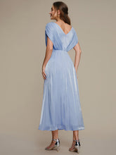 Load image into Gallery viewer, Color=Dusty Blue | Volume Discounts Short Sleeve V-Neck A-Line Tea Length Rhinestone Wedding Guest Dresses-Dusty Blue 2