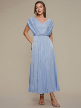 Load image into Gallery viewer, Color=Dusty Blue | Volume Discounts Short Sleeve V-Neck A-Line Tea Length Rhinestone Wedding Guest Dresses-Dusty Blue 4