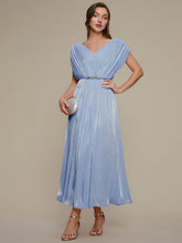 Load image into Gallery viewer, Color=Dusty Blue | Volume Discounts Short Sleeve V-Neck A-Line Tea Length Rhinestone Wedding Guest Dresses-Dusty Blue 5