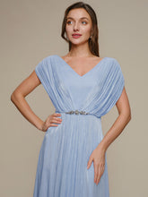 Load image into Gallery viewer, Color=Dusty Blue | Volume Discounts Short Sleeve V-Neck A-Line Tea Length Rhinestone Wedding Guest Dresses-Dusty Blue 3
