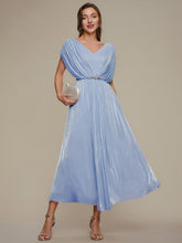 Load image into Gallery viewer, Color=Dusty Blue | Volume Discounts Short Sleeve V-Neck A-Line Tea Length Rhinestone Wedding Guest Dresses-Dusty Blue 1
