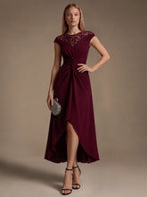 Load image into Gallery viewer, Burgundy | Volume Discounts Short Sleeve High Stretch A-Line High-Low Wedding Guest Dress with Knot Detail &amp; Sequins