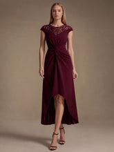 Load image into Gallery viewer, Burgundy | Volume Discounts Short Sleeve High Stretch A-Line High-Low Wedding Guest Dress with Knot Detail &amp; Sequins