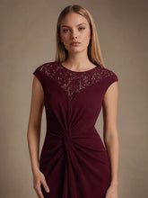 Load image into Gallery viewer, Burgundy | Volume Discounts Short Sleeve High Stretch A-Line High-Low Wedding Guest Dress with Knot Detail &amp; Sequins