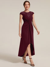 Load image into Gallery viewer, Burgundy | Volume Discounts Short Sleeve High Stretch A-Line High-Low Wedding Guest Dress with Knot Detail &amp; Sequins