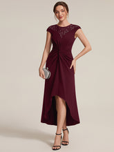 Load image into Gallery viewer, Burgundy | Volume Discounts Short Sleeve High Stretch A-Line High-Low Wedding Guest Dress with Knot Detail &amp; Sequins