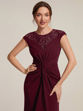 Load image into Gallery viewer, Burgundy | Volume Discounts Short Sleeve High Stretch A-Line High-Low Wedding Guest Dress with Knot Detail &amp; Sequins