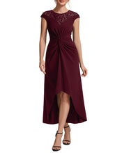 Load image into Gallery viewer, Burgundy | Volume Discounts Short Sleeve High Stretch A-Line High-Low Wedding Guest Dress with Knot Detail &amp; Sequins