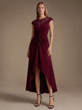 Load image into Gallery viewer, Burgundy | Volume Discounts Short Sleeve High Stretch A-Line High-Low Wedding Guest Dress with Knot Detail &amp; Sequins