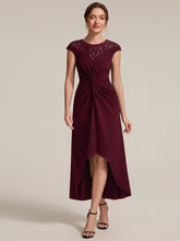 Load image into Gallery viewer, Burgundy | Volume Discounts Short Sleeve High Stretch A-Line High-Low Wedding Guest Dress with Knot Detail &amp; Sequins