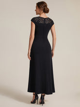 Load image into Gallery viewer, Black | Volume Discounts Short Sleeve High Stretch A-Line High-Low Wedding Guest Dress with Knot Detail &amp; Sequins