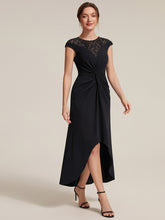 Load image into Gallery viewer, Black | Volume Discounts Short Sleeve High Stretch A-Line High-Low Wedding Guest Dress with Knot Detail &amp; Sequins