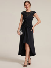 Load image into Gallery viewer, Black | Volume Discounts Short Sleeve High Stretch A-Line High-Low Wedding Guest Dress with Knot Detail &amp; Sequins