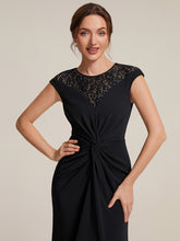 Load image into Gallery viewer, Black | Volume Discounts Short Sleeve High Stretch A-Line High-Low Wedding Guest Dress with Knot Detail &amp; Sequins