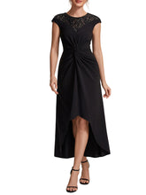 Load image into Gallery viewer, Black | Volume Discounts Short Sleeve High Stretch A-Line High-Low Wedding Guest Dress with Knot Detail &amp; Sequins