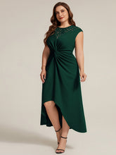 Load image into Gallery viewer, Dark Green | Volume Discounts Short Sleeve High Stretch A-Line High-Low Wedding Guest Dress with Knot Detail &amp; Sequins