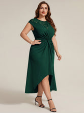 Load image into Gallery viewer, Dark Green | Volume Discounts Short Sleeve High Stretch A-Line High-Low Wedding Guest Dress with Knot Detail &amp; Sequins