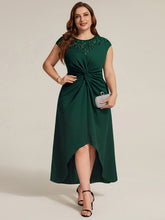 Load image into Gallery viewer, Dark Green | Volume Discounts Short Sleeve High Stretch A-Line High-Low Wedding Guest Dress with Knot Detail &amp; Sequins