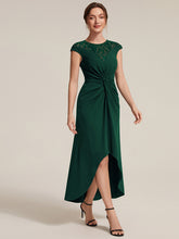 Load image into Gallery viewer, Dark Green | Volume Discounts Short Sleeve High Stretch A-Line High-Low Wedding Guest Dress with Knot Detail &amp; Sequins