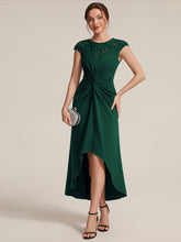 Load image into Gallery viewer, Dark Green | Volume Discounts Short Sleeve High Stretch A-Line High-Low Wedding Guest Dress with Knot Detail &amp; Sequins