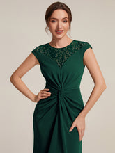 Load image into Gallery viewer, Dark Green | Volume Discounts Short Sleeve High Stretch A-Line High-Low Wedding Guest Dress with Knot Detail &amp; Sequins