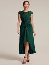 Load image into Gallery viewer, Dark Green | Volume Discounts Short Sleeve High Stretch A-Line High-Low Wedding Guest Dress with Knot Detail &amp; Sequins