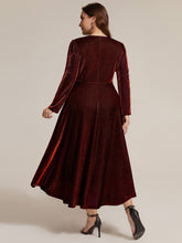 Load image into Gallery viewer, Burgundy | Wholesale Pricing Long Sleeve High Stretch A-Line Tea Length Knot Detail Wedding Guest Dresses