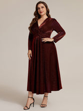 Load image into Gallery viewer, Burgundy | Wholesale Pricing Long Sleeve High Stretch A-Line Tea Length Knot Detail Wedding Guest Dresses