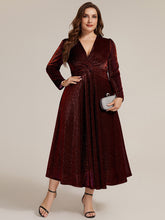 Load image into Gallery viewer, Burgundy | Wholesale Pricing Long Sleeve High Stretch A-Line Tea Length Knot Detail Wedding Guest Dresses