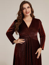 Load image into Gallery viewer, Burgundy | Wholesale Pricing Long Sleeve High Stretch A-Line Tea Length Knot Detail Wedding Guest Dresses