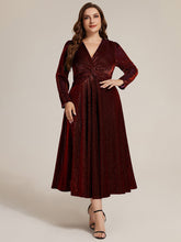 Load image into Gallery viewer, Burgundy | Wholesale Pricing Long Sleeve High Stretch A-Line Tea Length Knot Detail Wedding Guest Dresses
